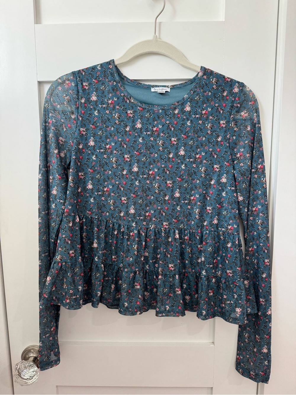 Love Fire Mesh Teal Floral Peplum Long-Sleeve Top size M